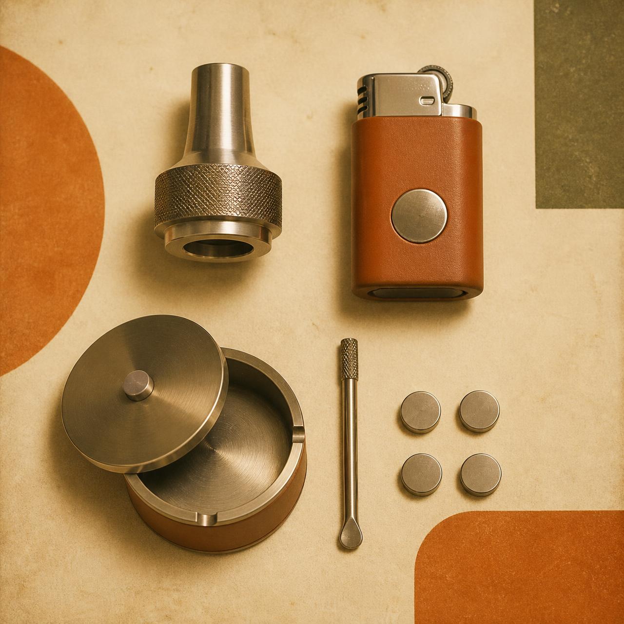 The SeshLabz accessory lineup laid out on warm cream paper: adapter, lighter sleeve, ashtray, tool, and magnetic discs